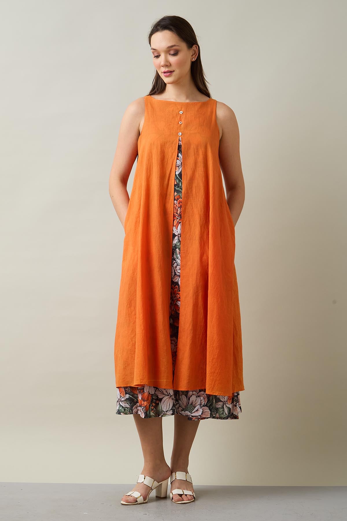 Orange Cotton Front Open Dress