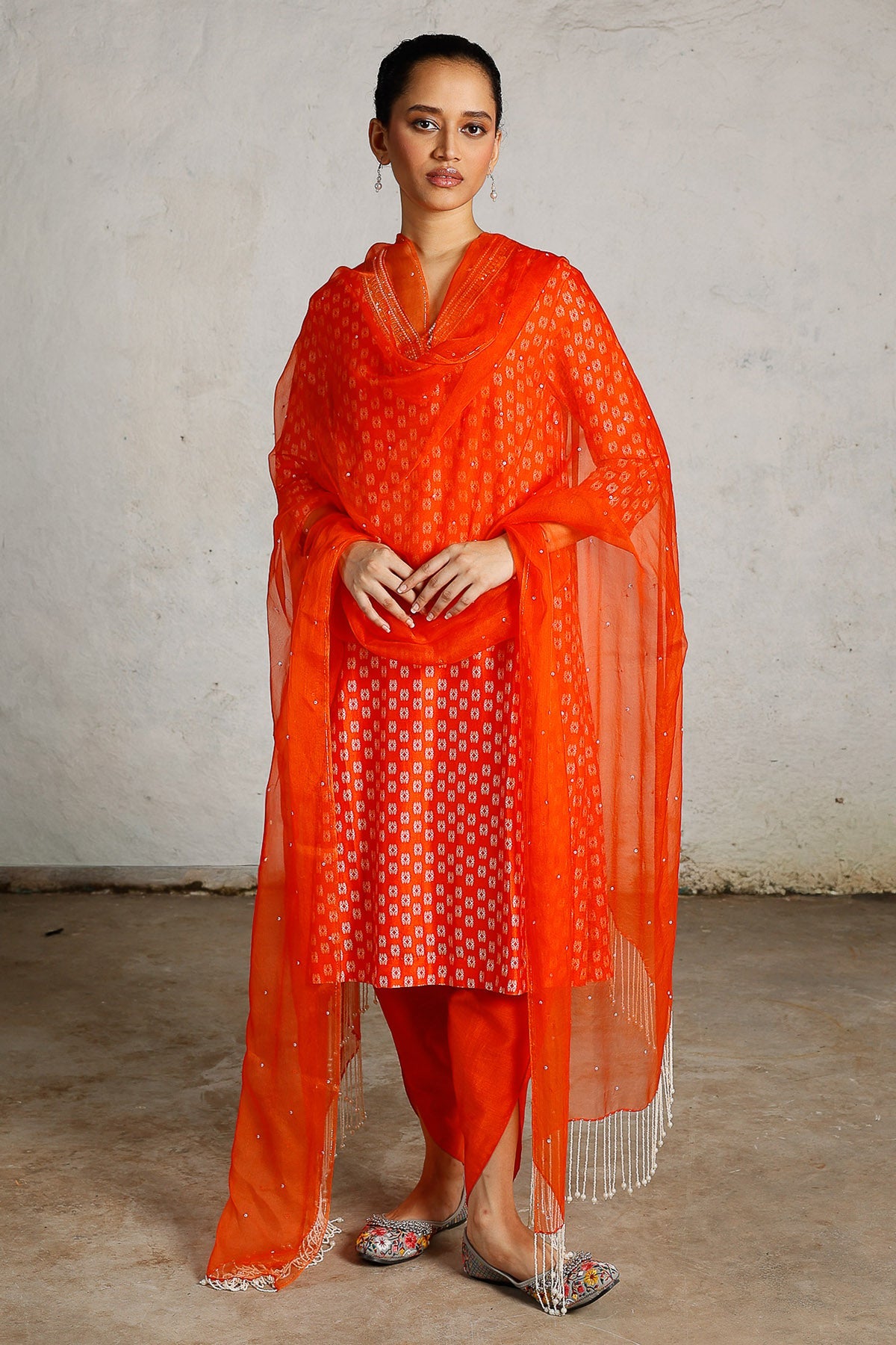 Buy Orange Cotton Printed Kurta Set for women by Saksham Neharicka online available at scrollnshops
