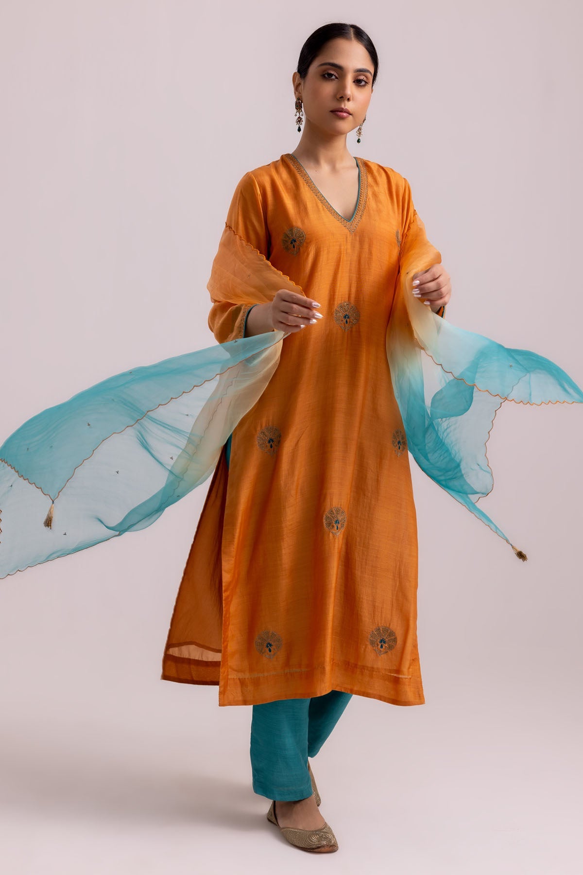 Buy Designer Orange Cotton Silk Kurta & Pants Online at ScrollnShops