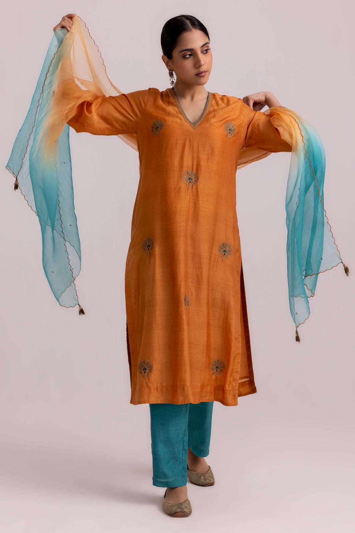 Orange Cotton Silk Kurta & Pants