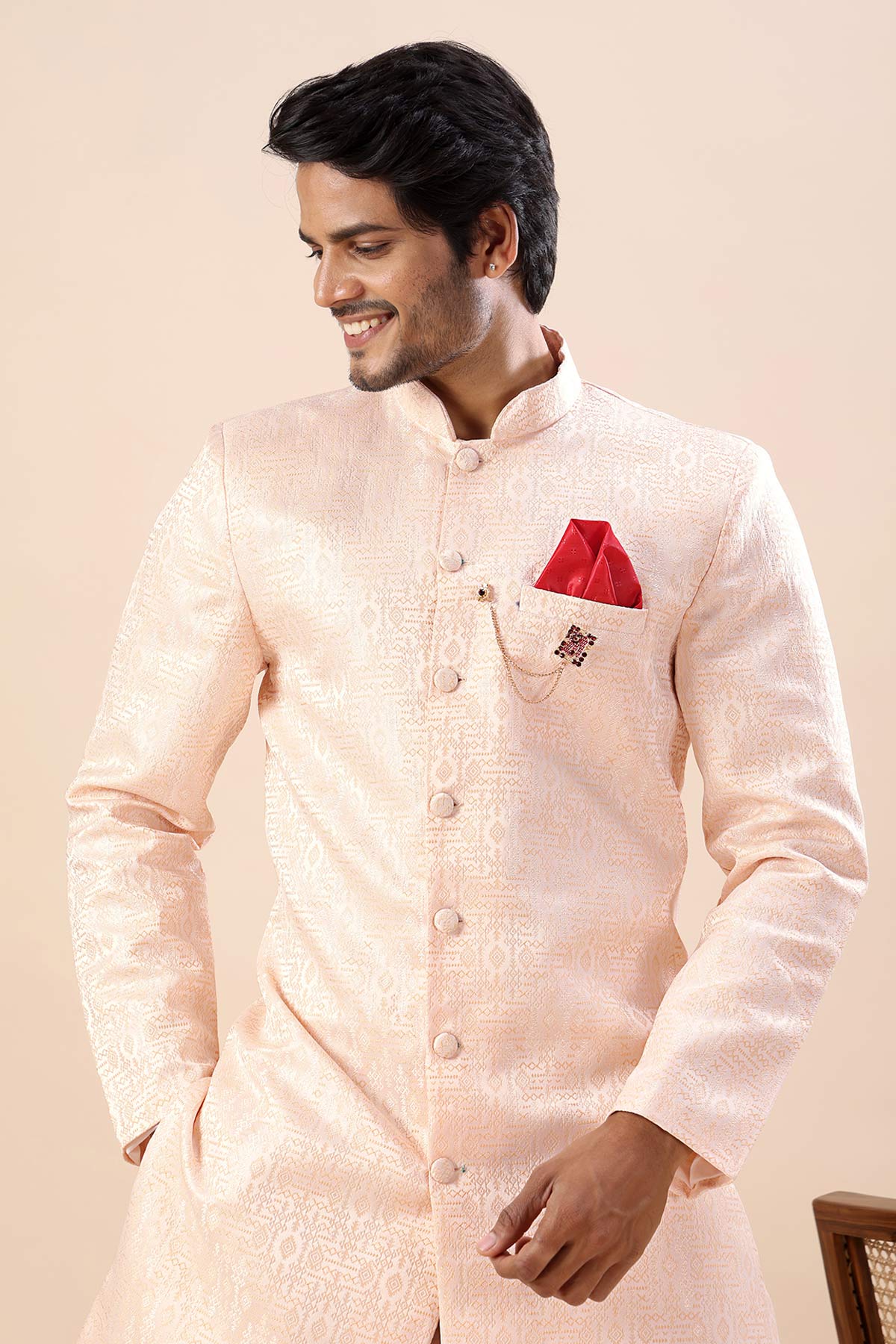 Orange Cotton Silk Sherwani Set
