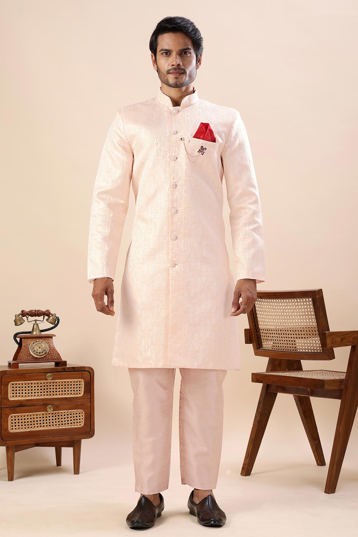 Buy Orange Cotton Silk Sherwani Set for men by Aastha Fashion online available at scrollnshops