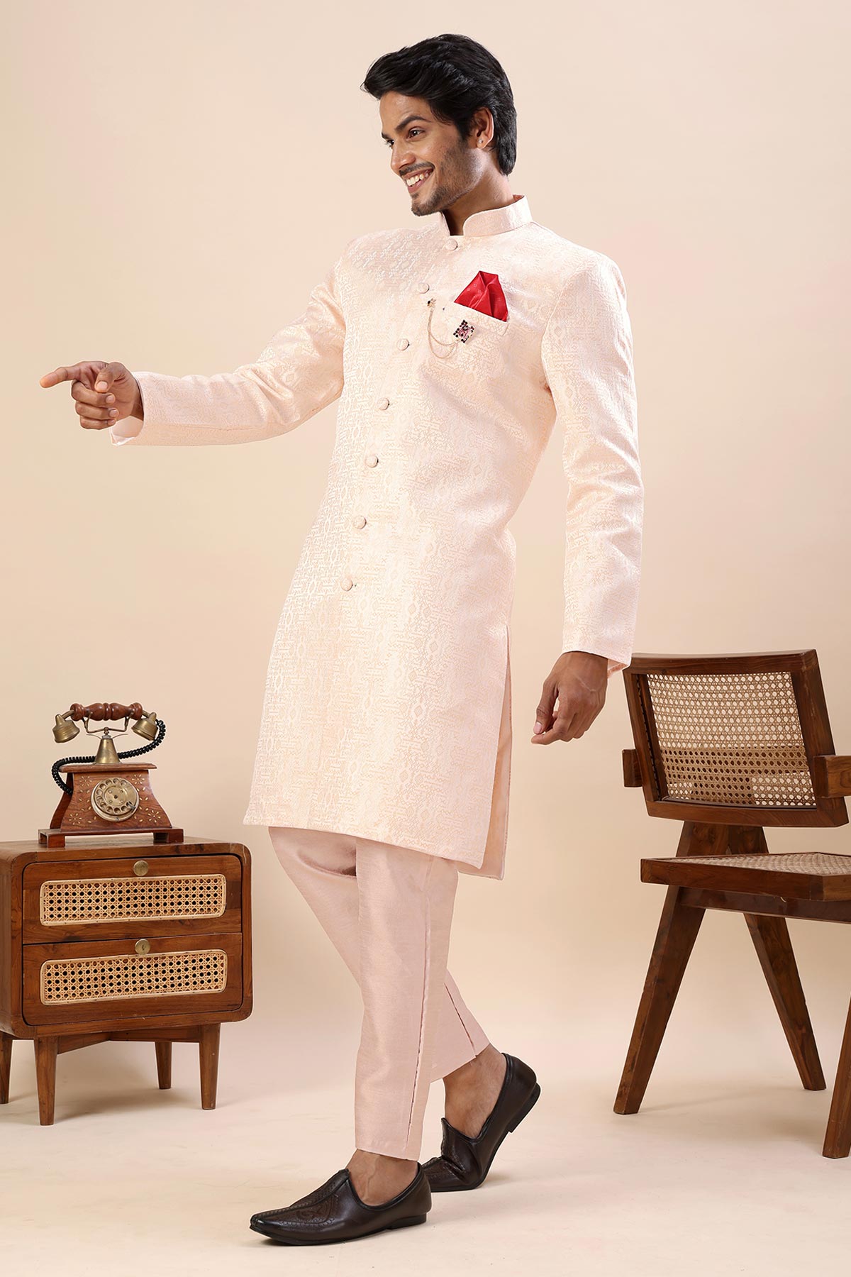 Orange Cotton Silk Sherwani Set