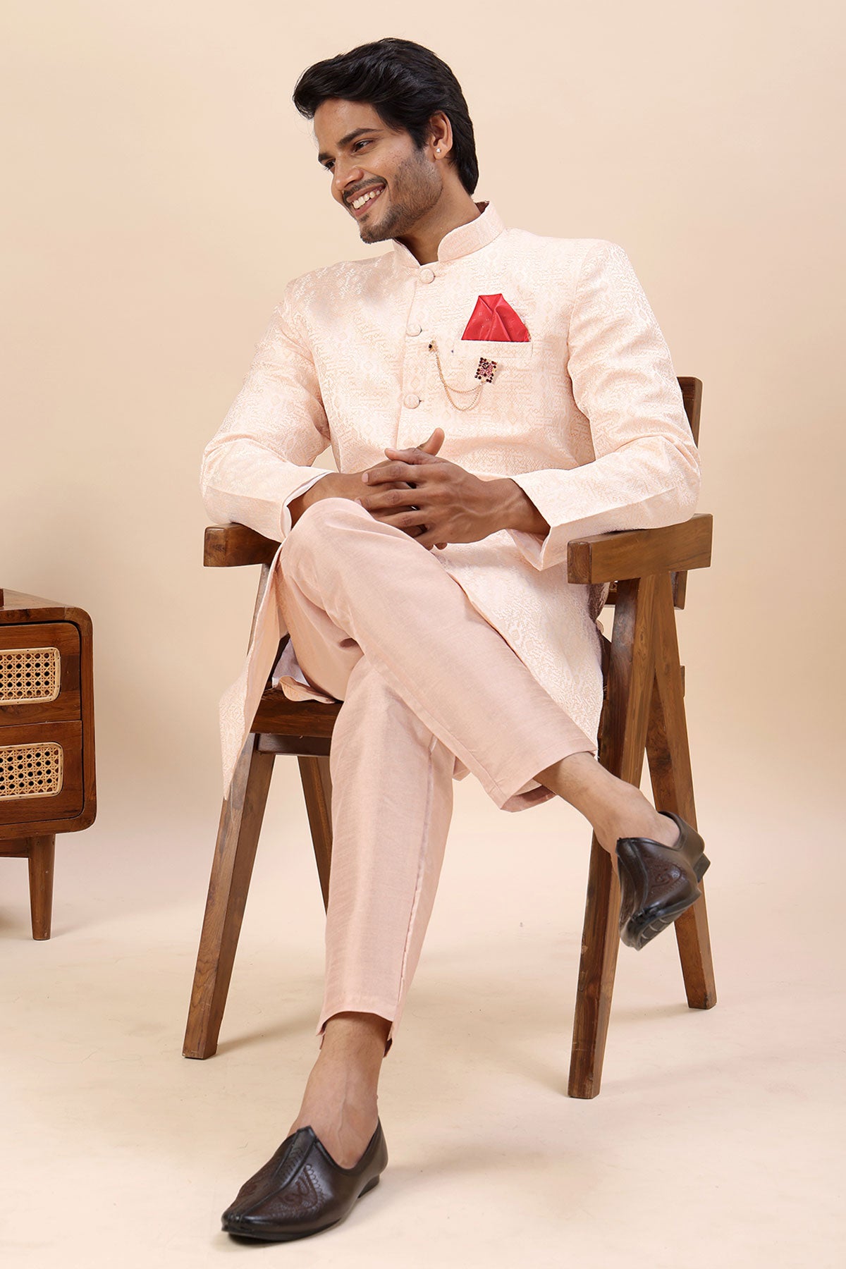 Orange Cotton Silk Sherwani Set