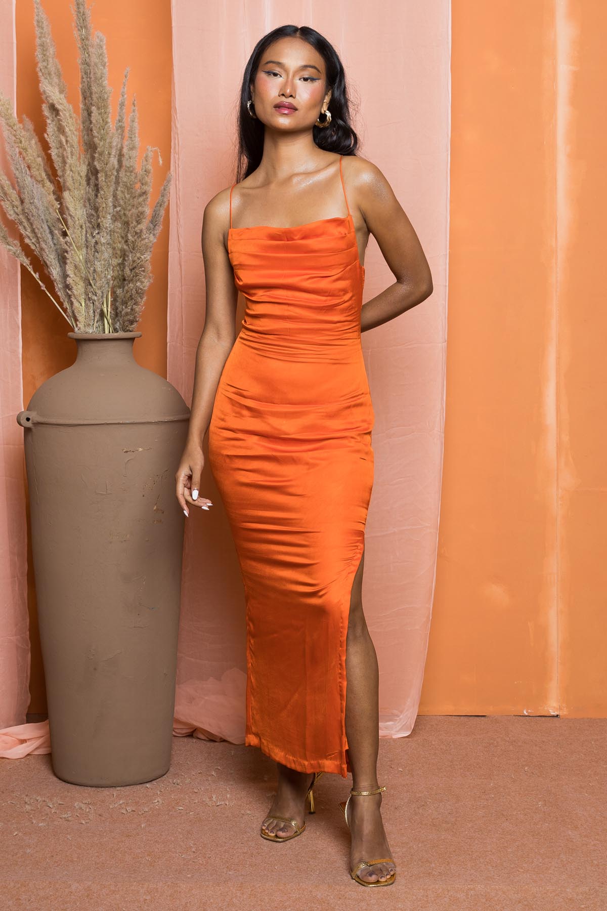 Shivanii Orange Cowl Neck Slit Midi Dress for women online at ScrollnShops