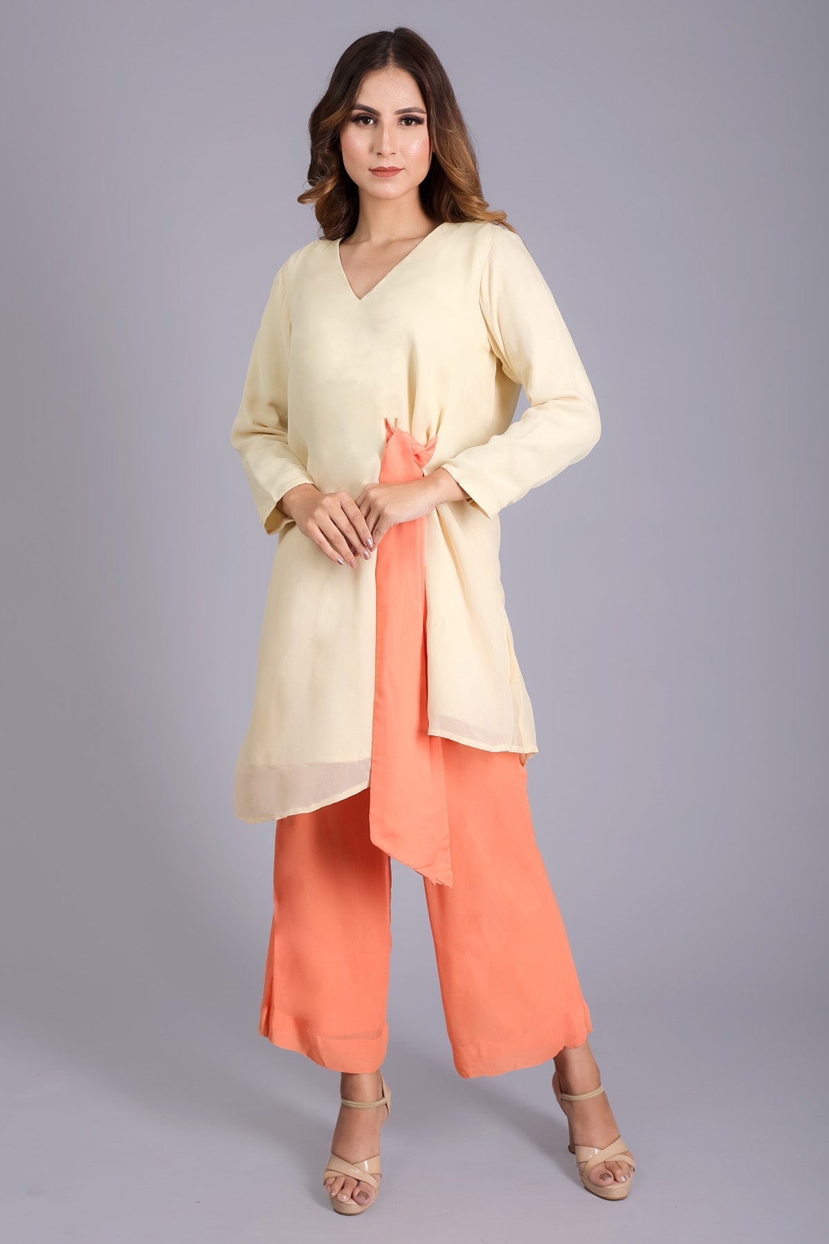 Etti Kapoor Orange & Cream Knot Fusion Set for women online at ScrollnShops