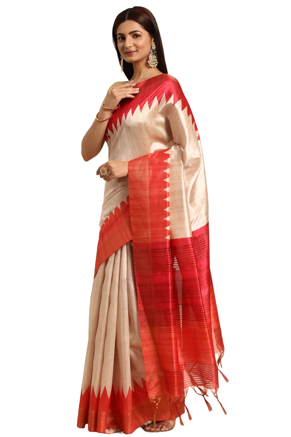 Orange & Cream Tussar Silk Saree