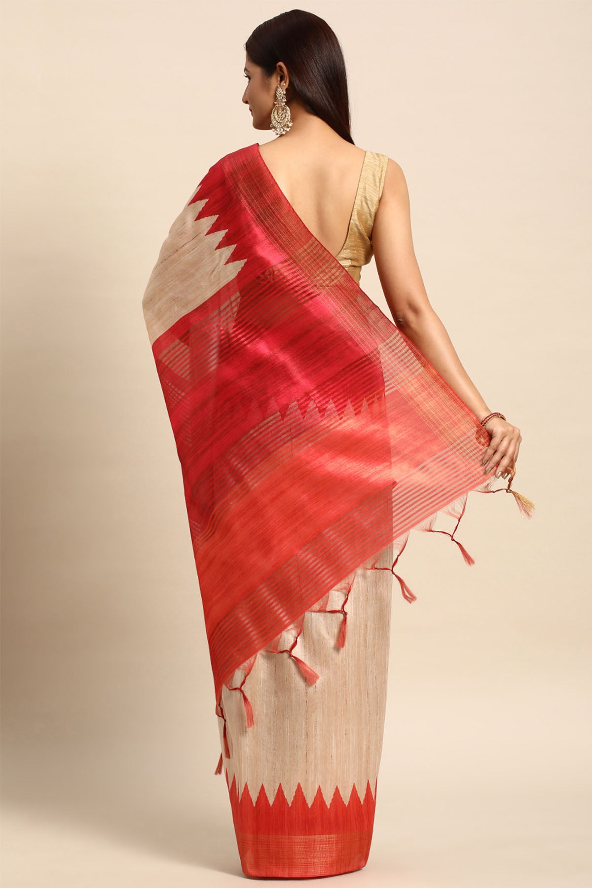 Orange & Cream Tussar Silk Saree