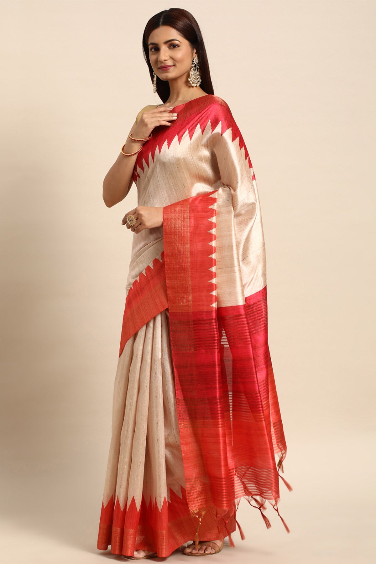 Buy Orange & Cream Tussar Silk Saree by Lili Lala for women online at ScrollnShops