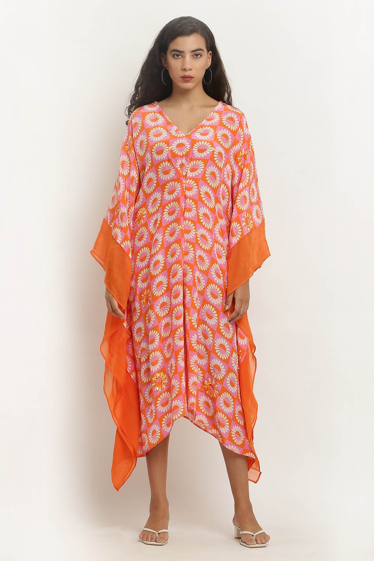 Designer Kusmi Sunset Soiree: Orange Crepe Kaftan for Breezy EveningsSunset Soiree: Orange Crepe Kaftan for Breezy Evenings For Women at ScrollnShops