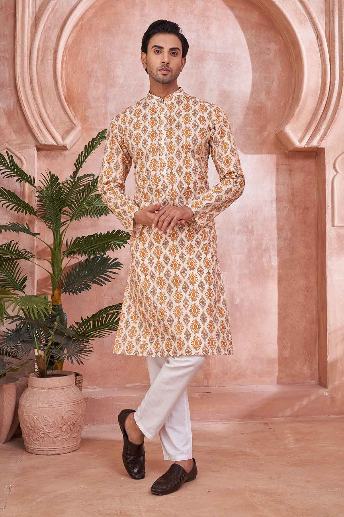 Buy Orange Diamond Printed Kurta by SNEHA B - Men for online at ScrollnShops