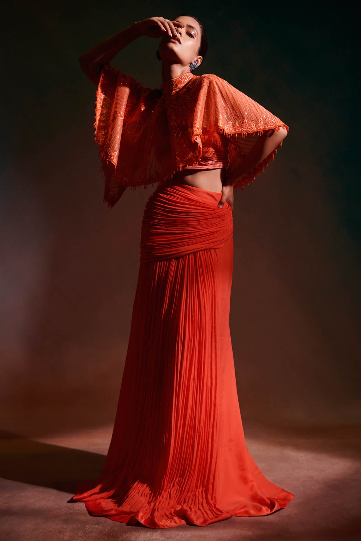 Orange Drape Skirt & Cape Set