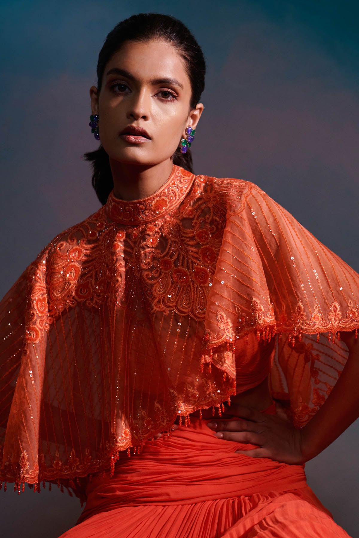 Orange Drape Skirt & Cape Set