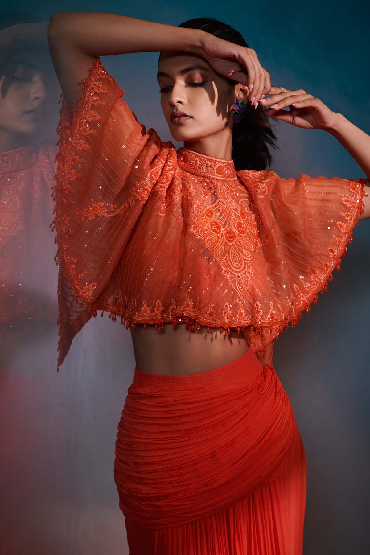 Orange Drape Skirt & Cape Set