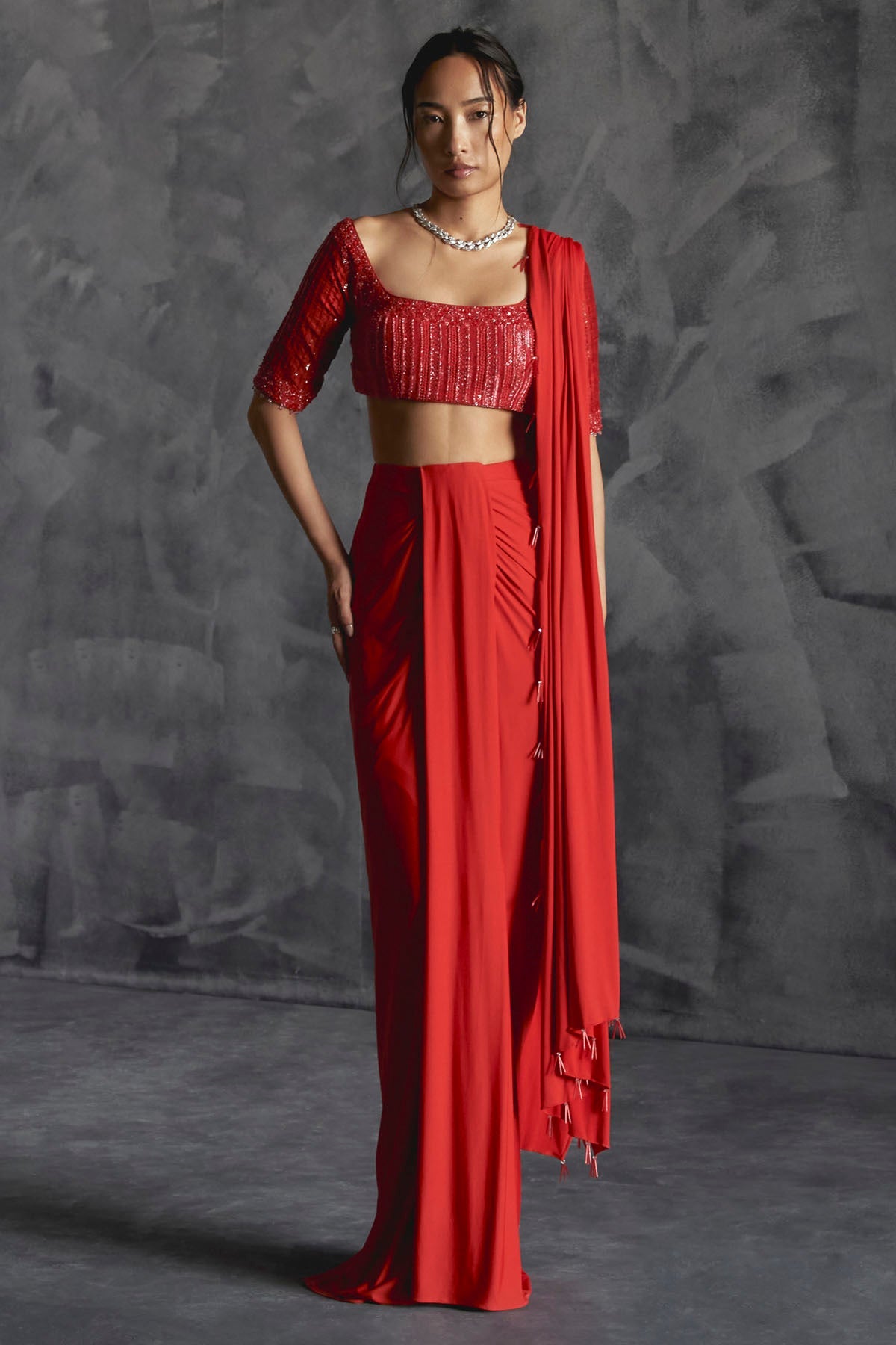 Manika Nanda Orange Draped Indo-Western Set for women online at ScrollnShops