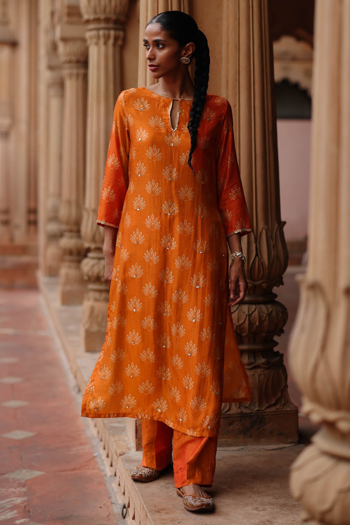 Megha Pitti Orange Dupion Silk Kurta Set for women online at ScrollnShops