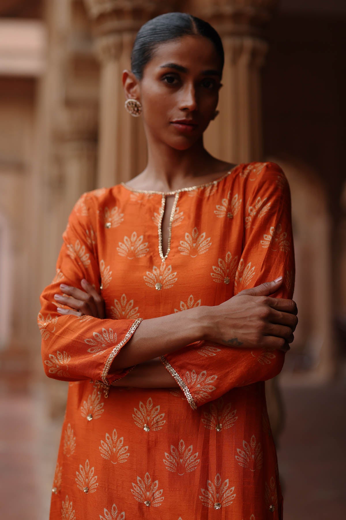 Orange Dupion Silk Kurta Set