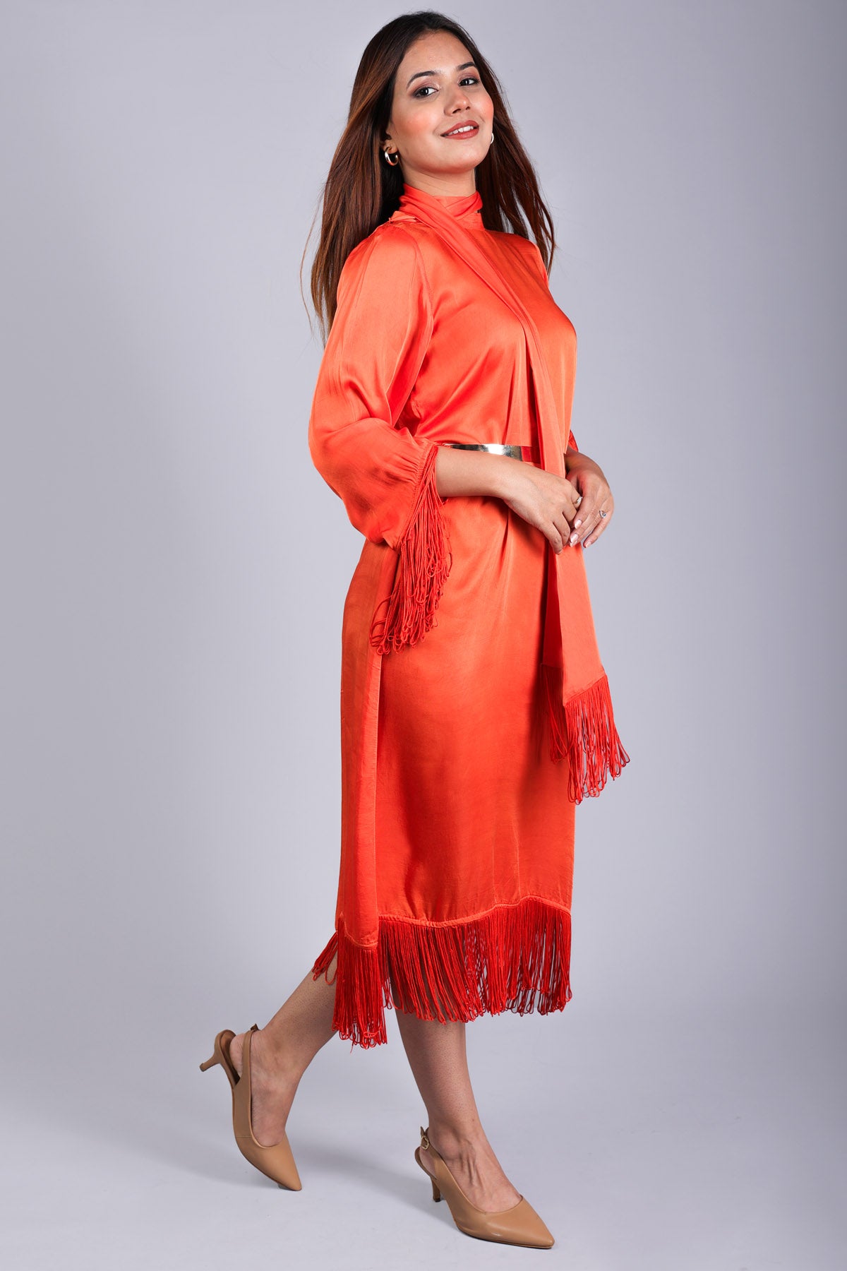 Orange Embellished Fringe Dress
