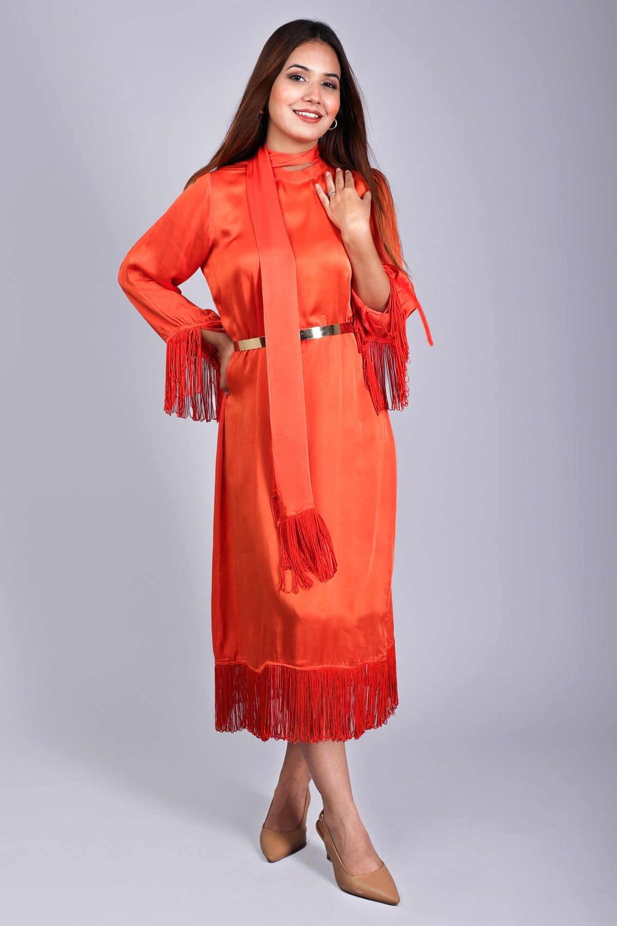 Etti Kapoor Orange Embellished Fringe Dress Online