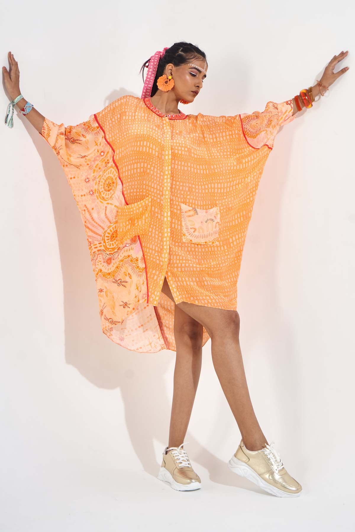 Orange Embellished Kaftan Dress