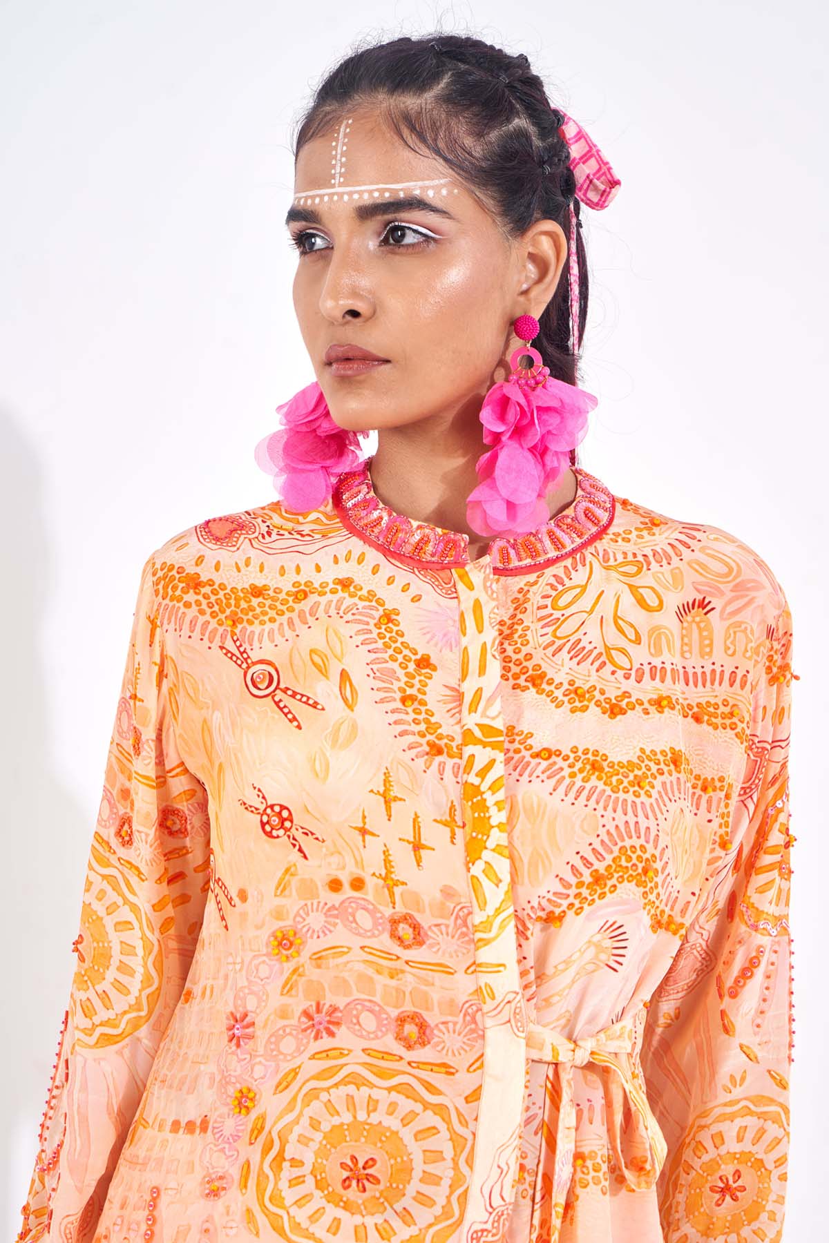 Orange Embellished Tie-Up Shirt