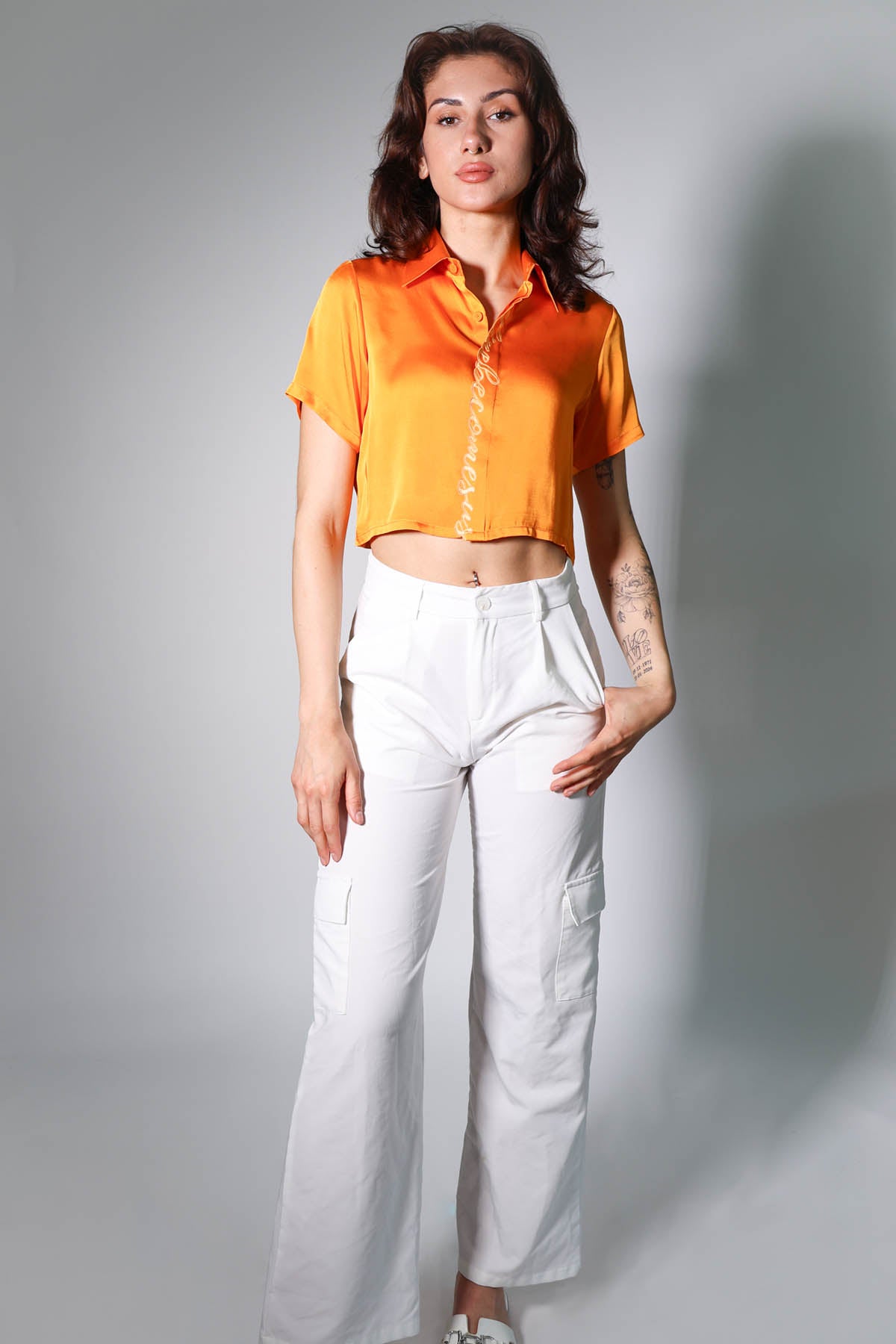 Orange Embroidered Crop Shirt