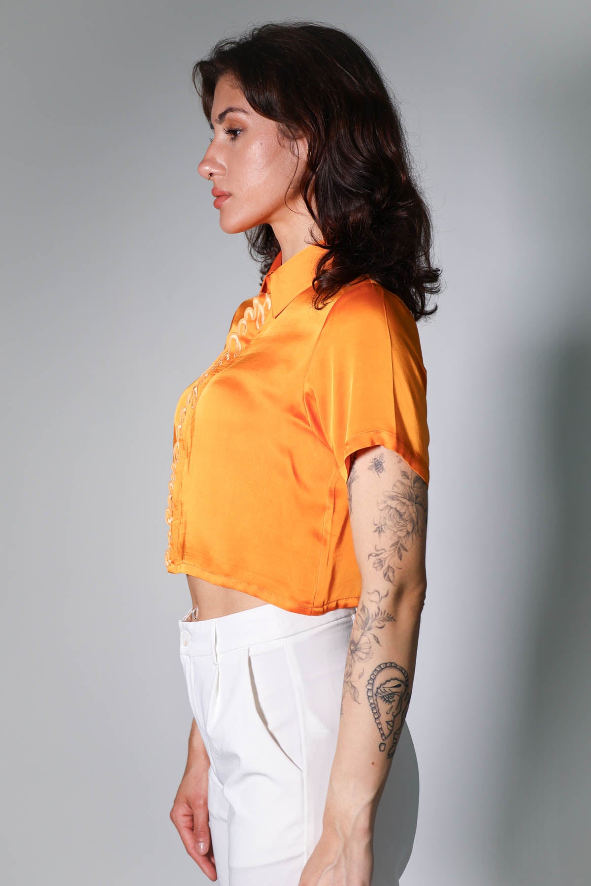 Orange Embroidered Crop Shirt
