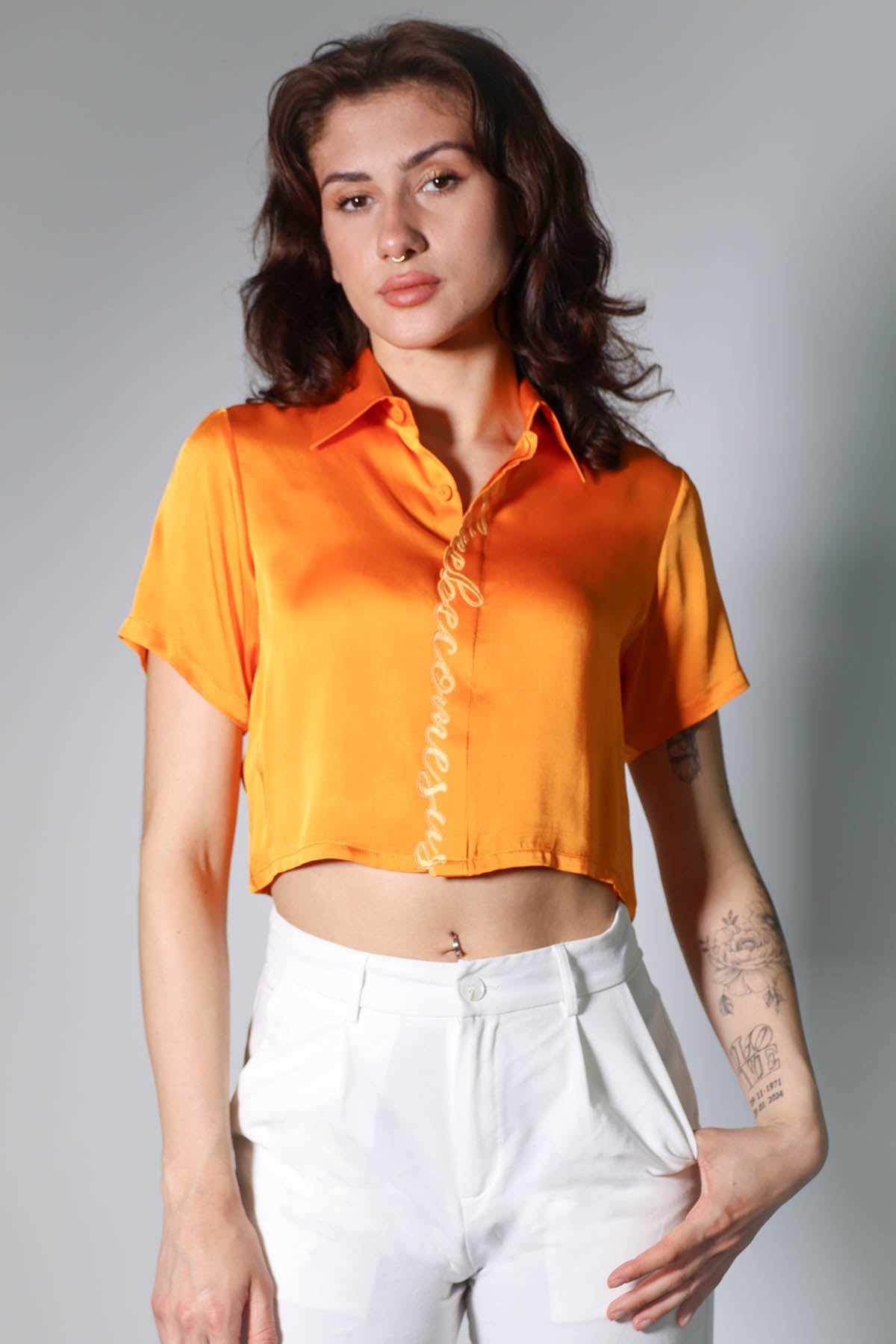 Arya Giri Orange Embroidered Crop Shirt for women online at ScrollnShops