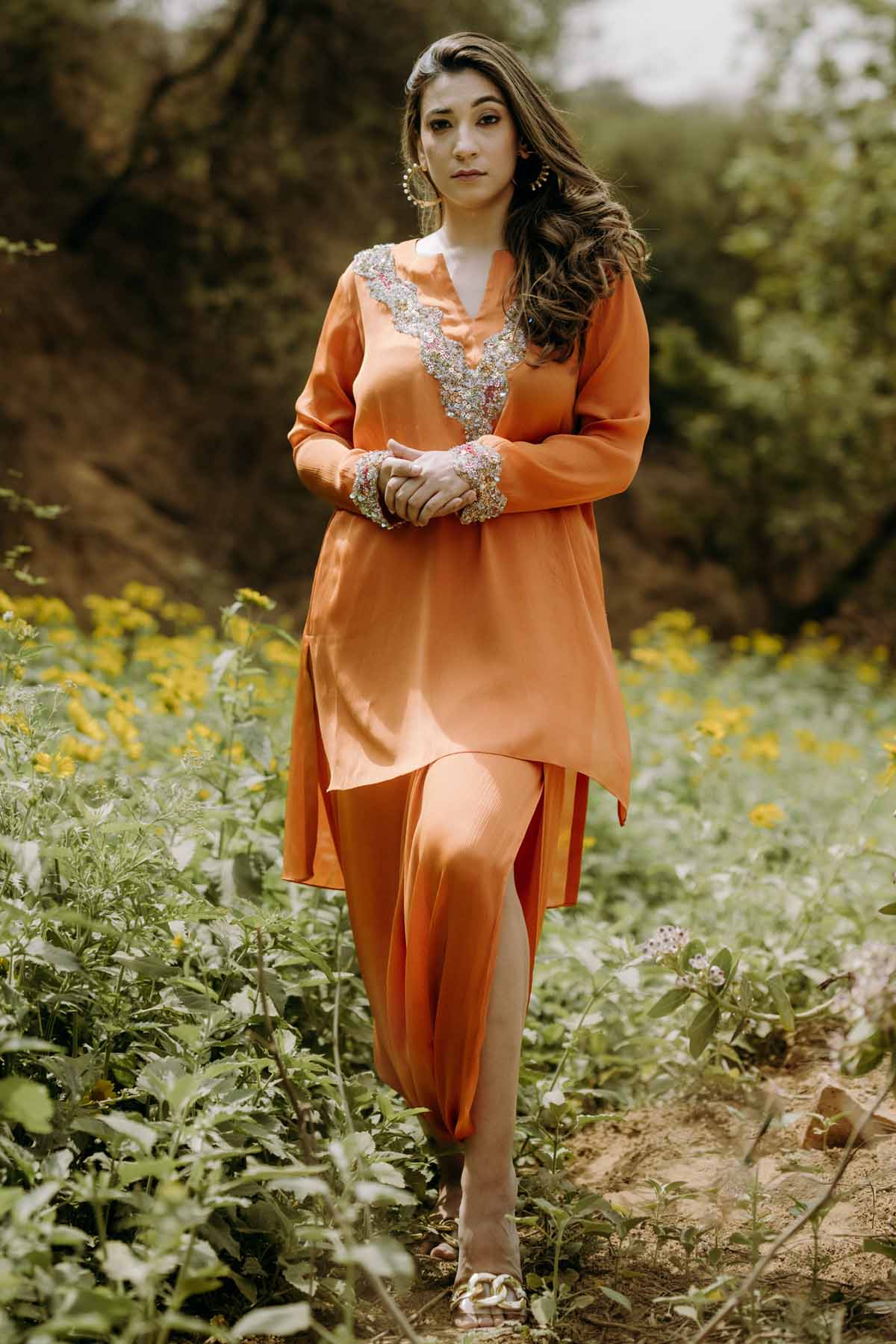 Kaprapan Orange Embroidered Kurta & Dhoti for women online at ScrollnShops