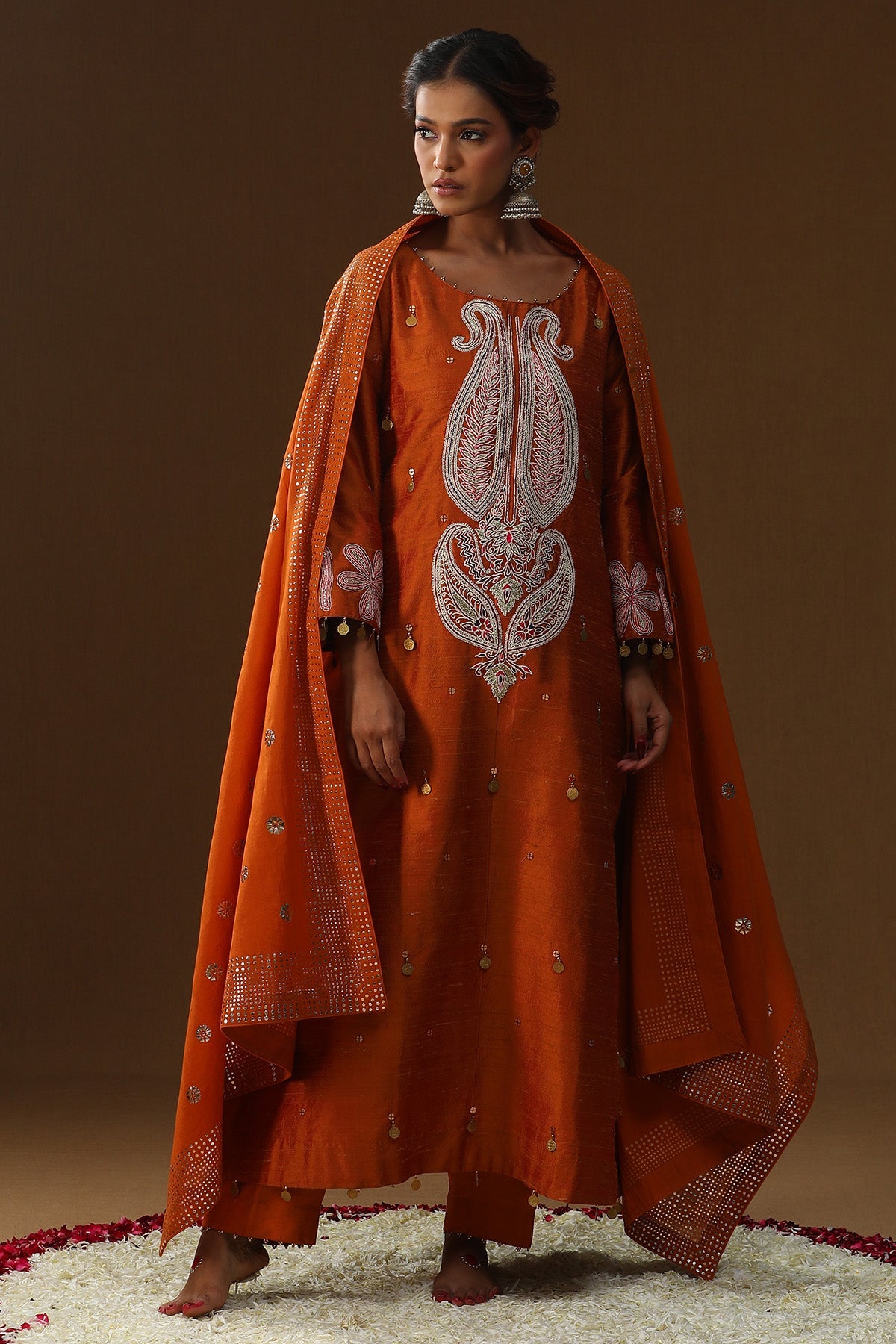 Buy Orange Embroidered Kurta Set for women by Arpita Sulakshana online available at scrollnshops