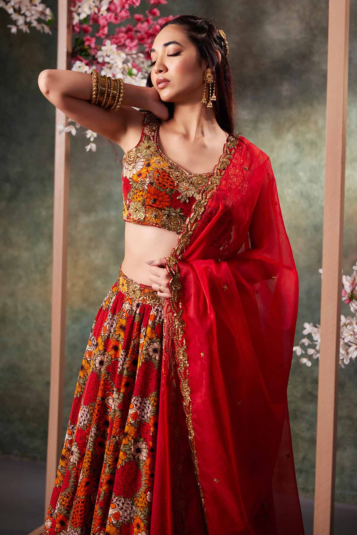 Orange Embroidered Lehenga Set