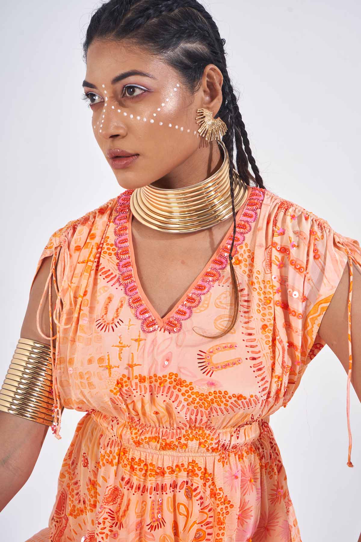 Orange Embroidered Neck Top