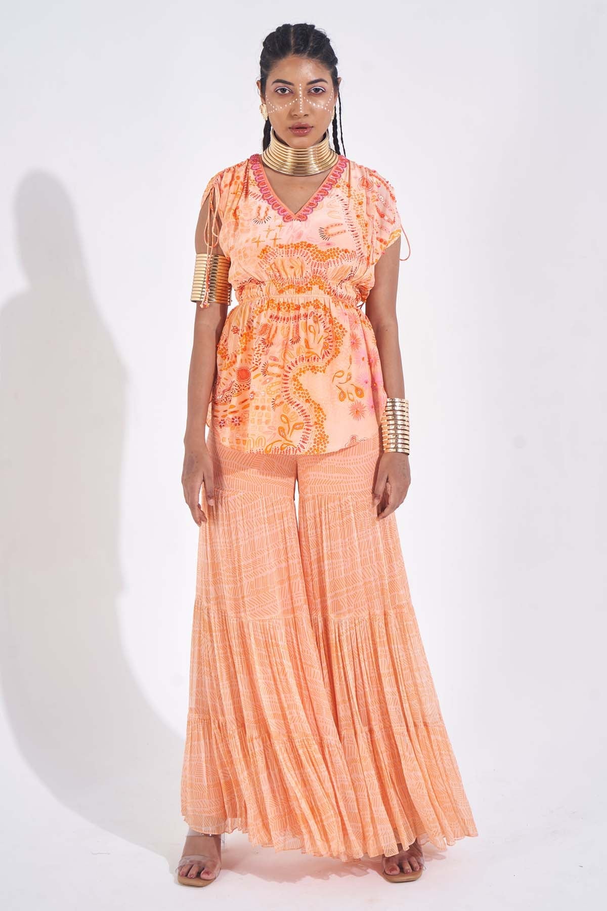 Buy Orange Embroidered Neck Top Online