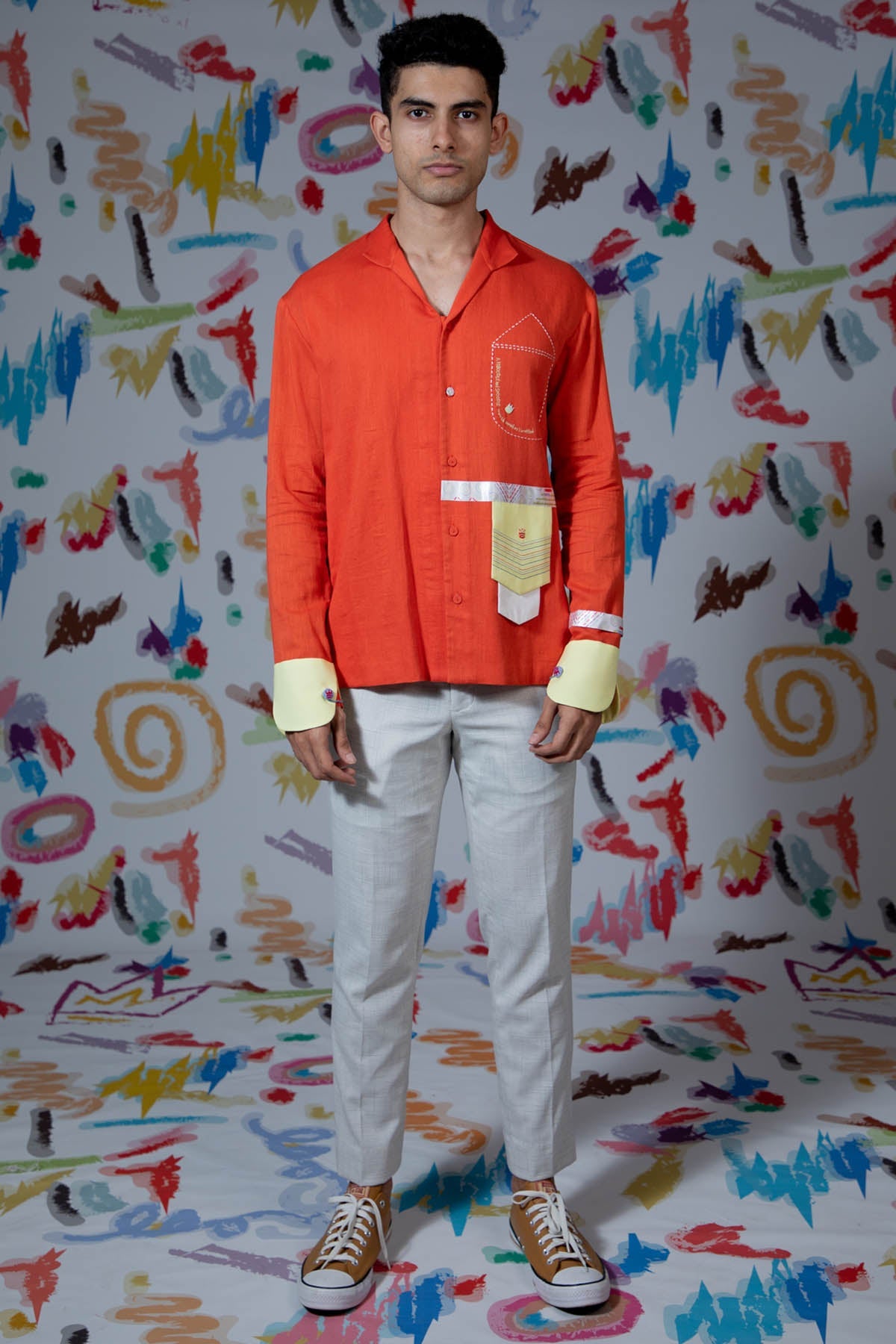 Arya Giri Orange Embroidered Pocket Shirt for men online at ScrollnShops