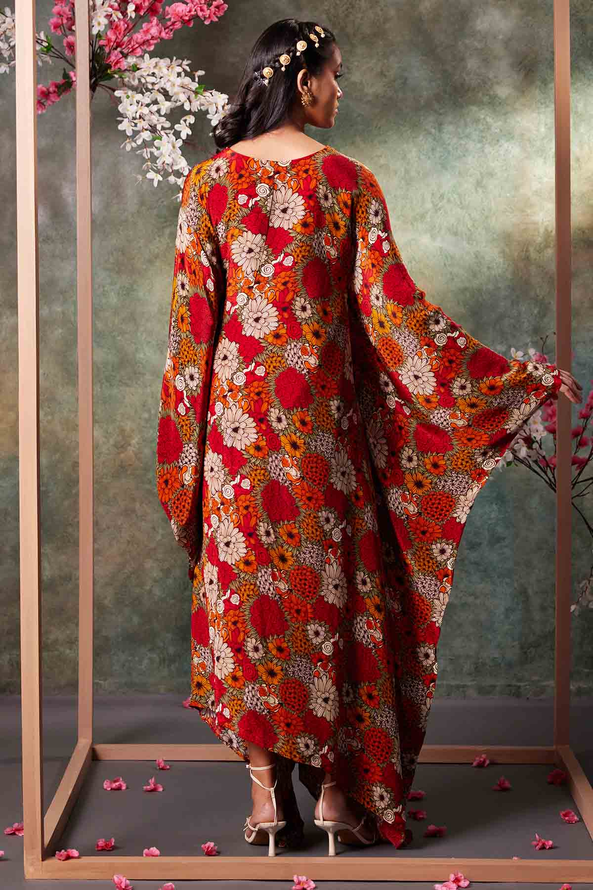 Orange Embroidered Print Kaftan