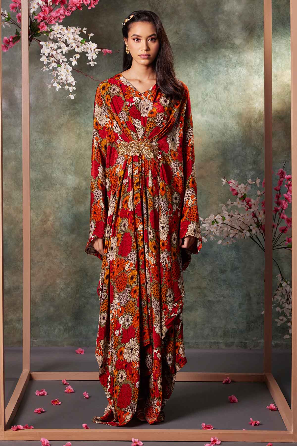 Orange Embroidered Print Kaftan