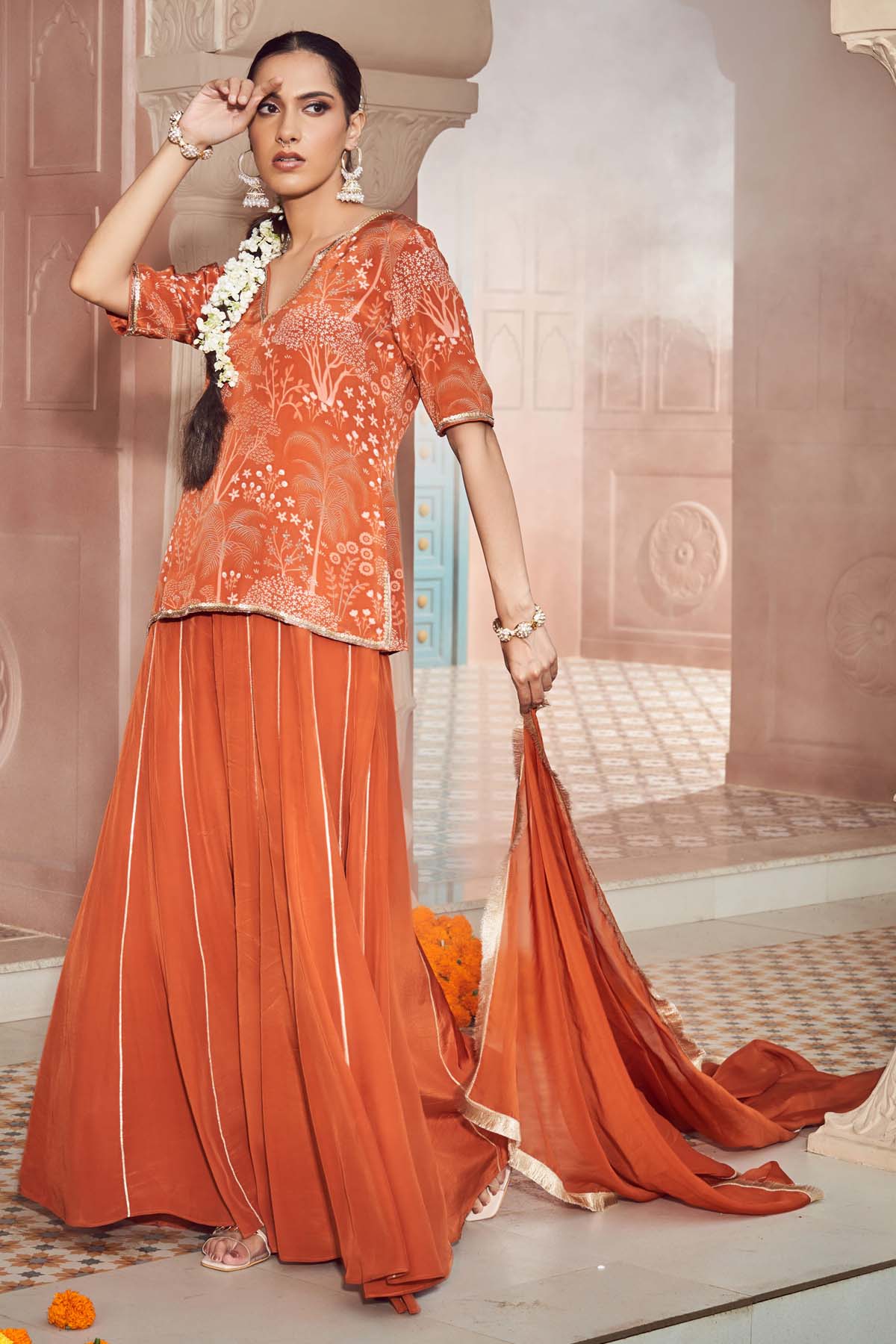 Orange Embroidered Sharara Set