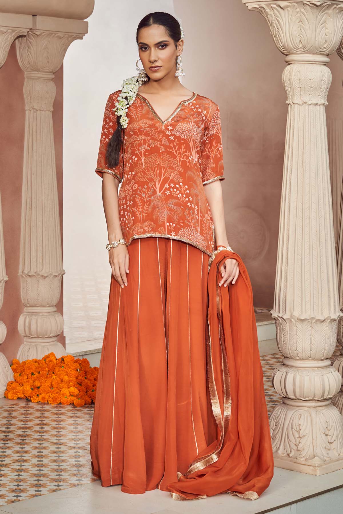 Megha Pitti Orange Embroidered Sharara Set for women online at ScrollnShops