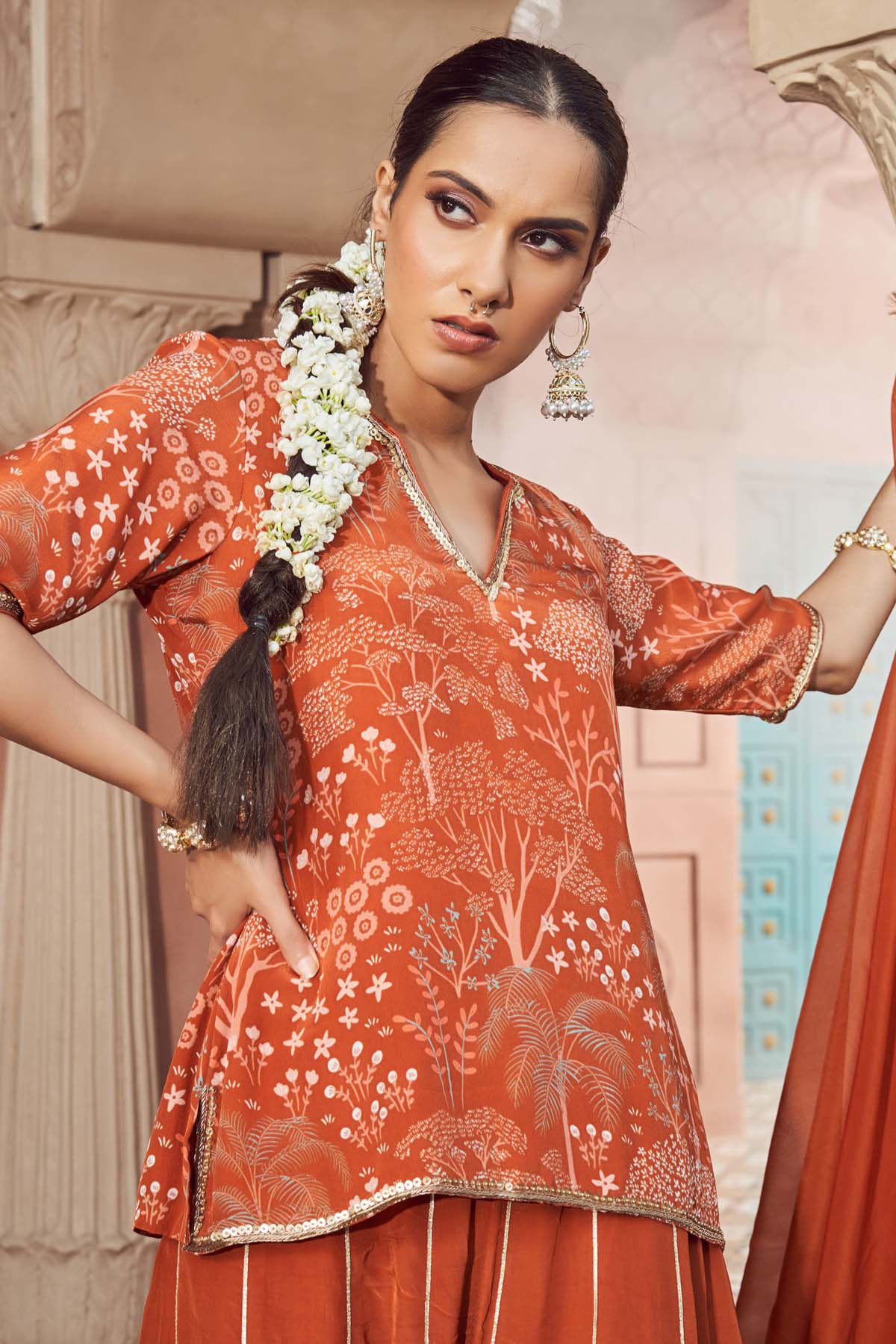 Orange Embroidered Sharara Set