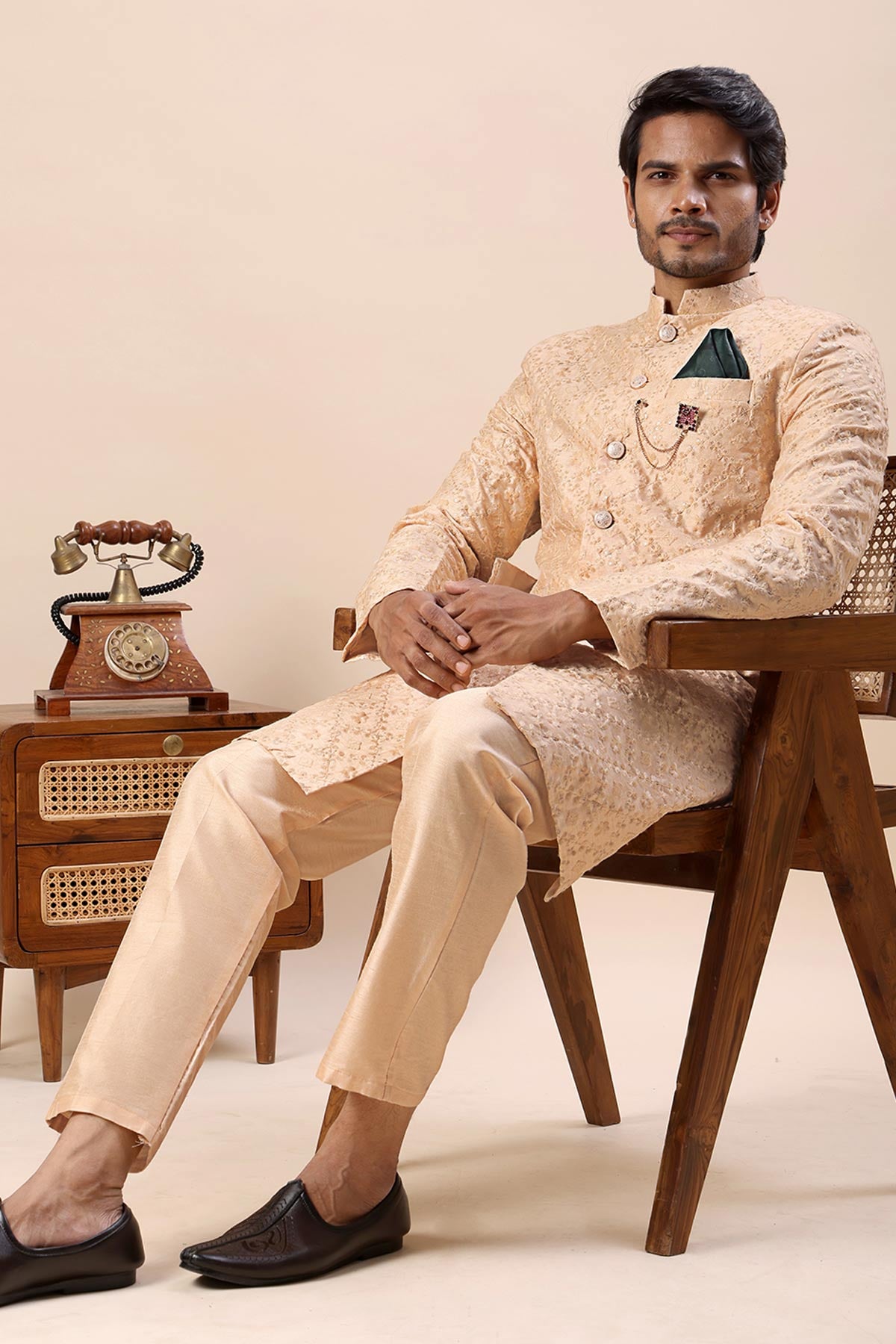 Orange Embroidered Sherwani Set