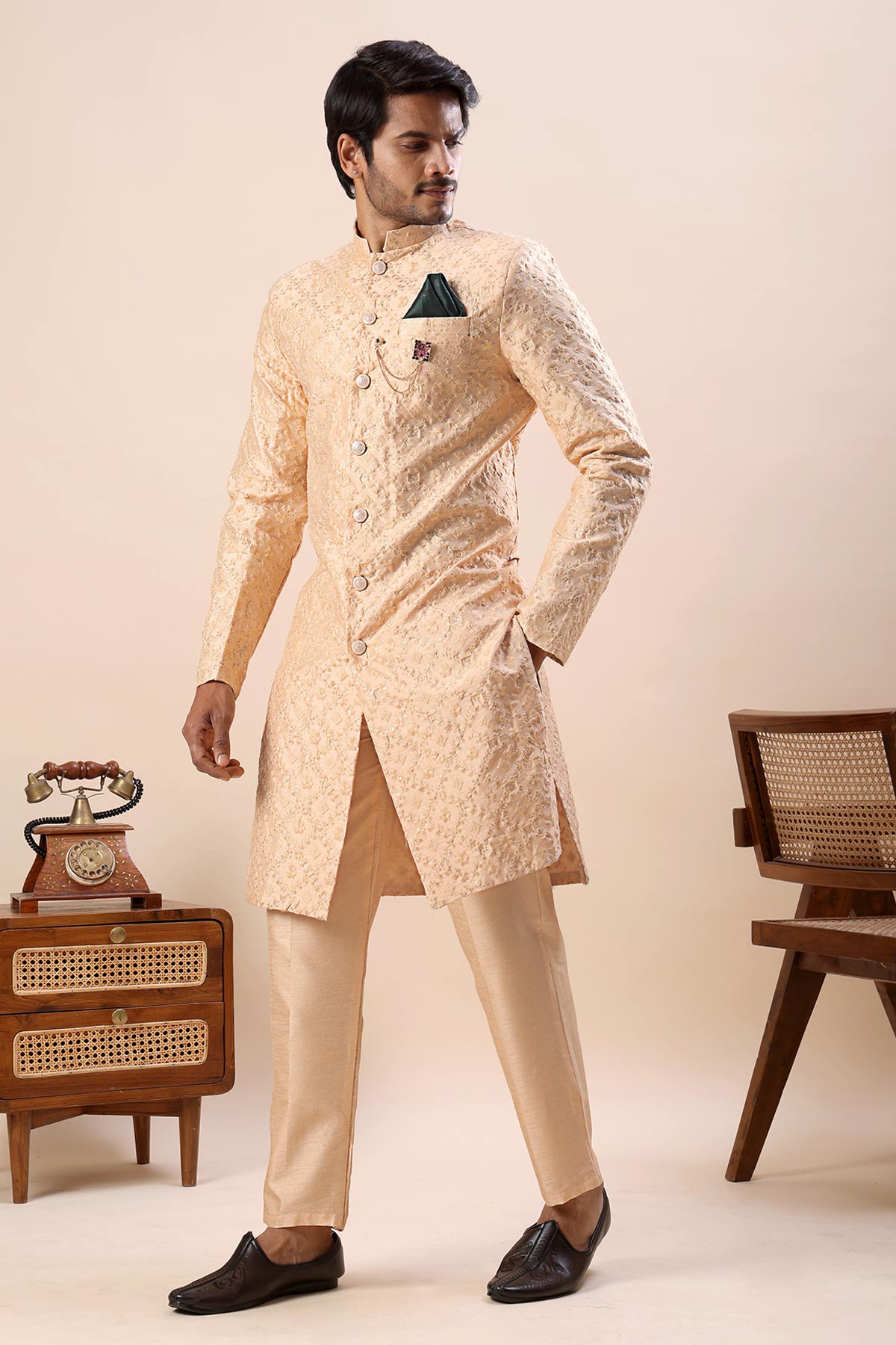 Orange Embroidered Sherwani Set