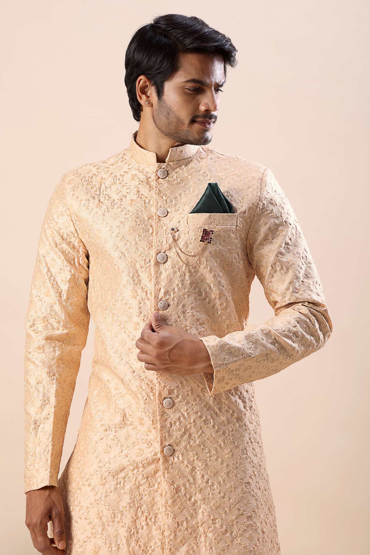 Orange Embroidered Sherwani Set
