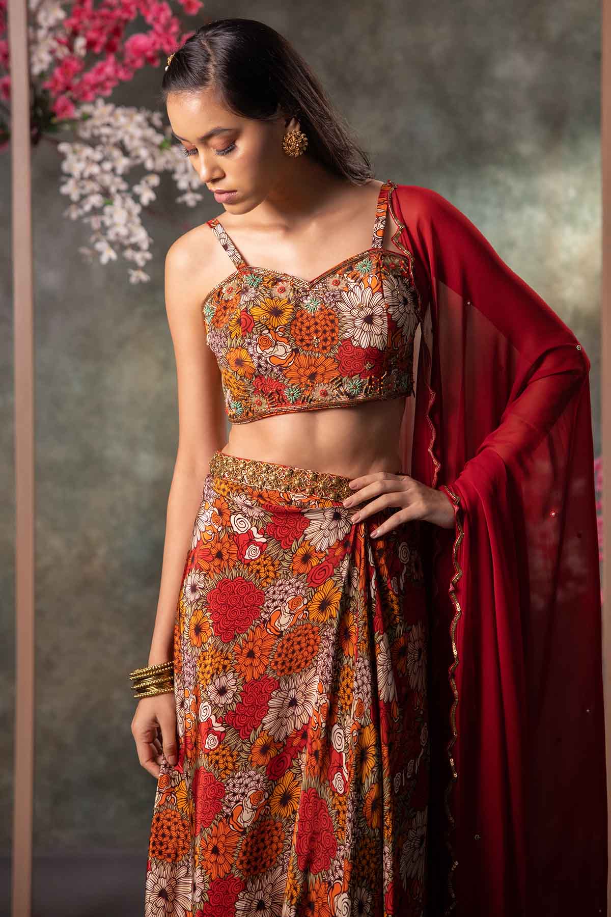 Orange Embroidered Skirt Set