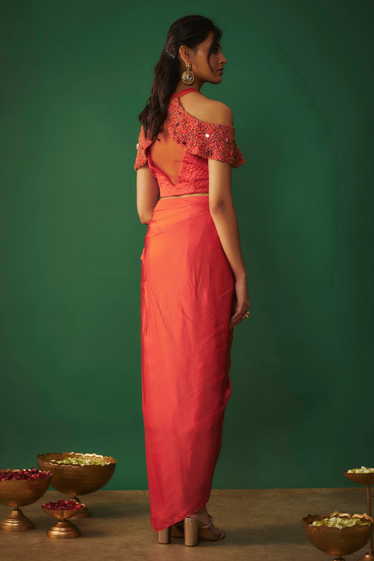 Orange Embroidered Top & Skirt