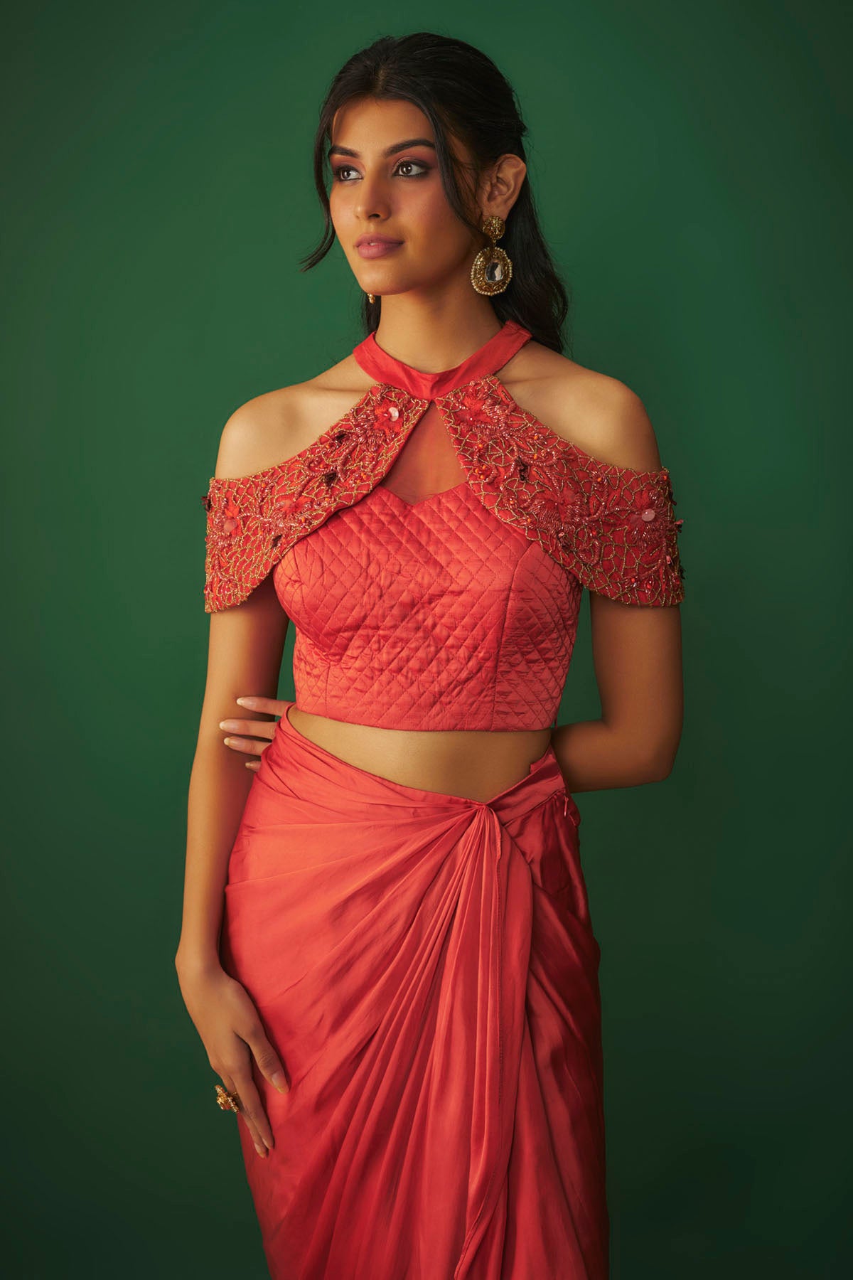 Orange Embroidered Top & Skirt