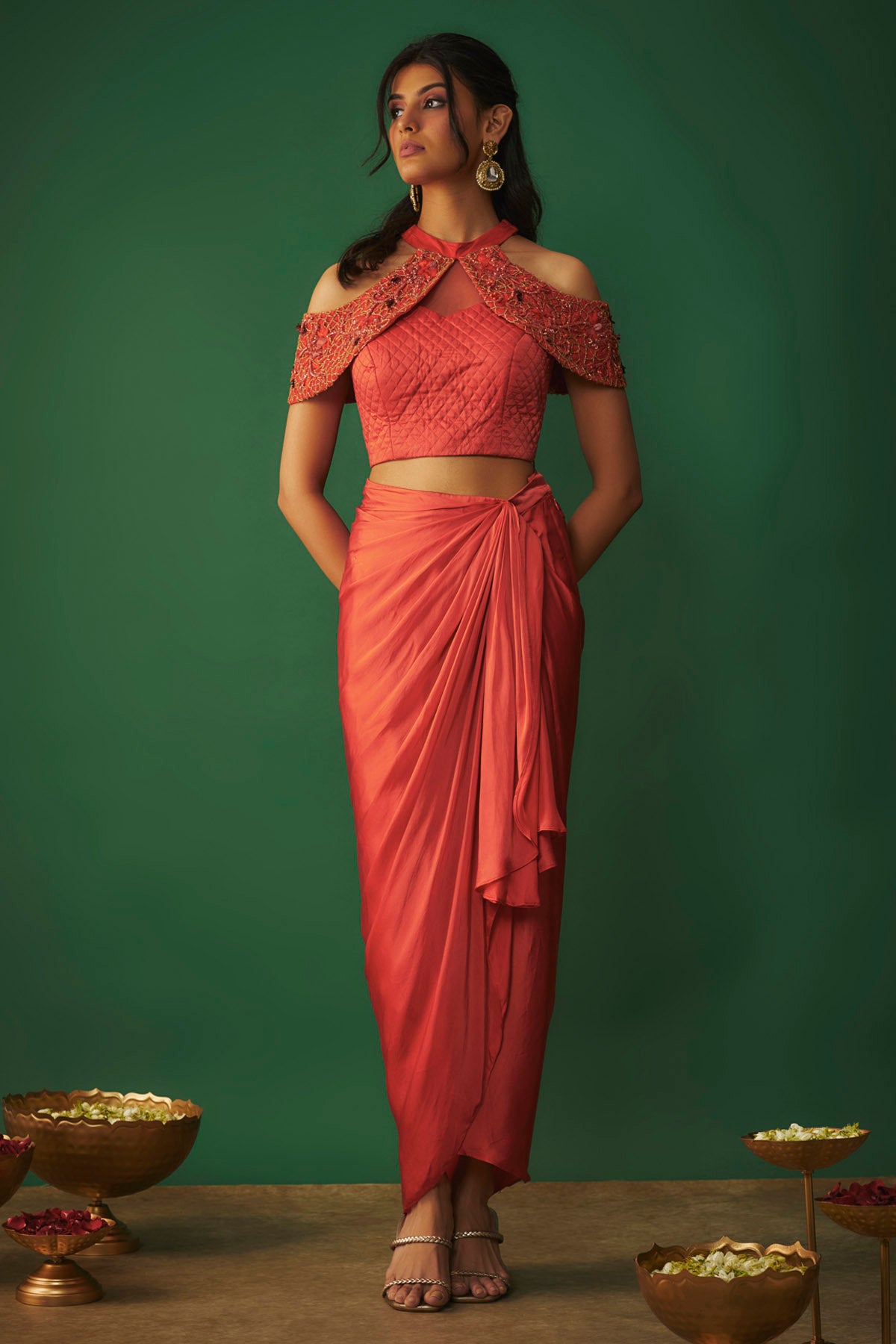 Orange Embroidered Top & Skirt