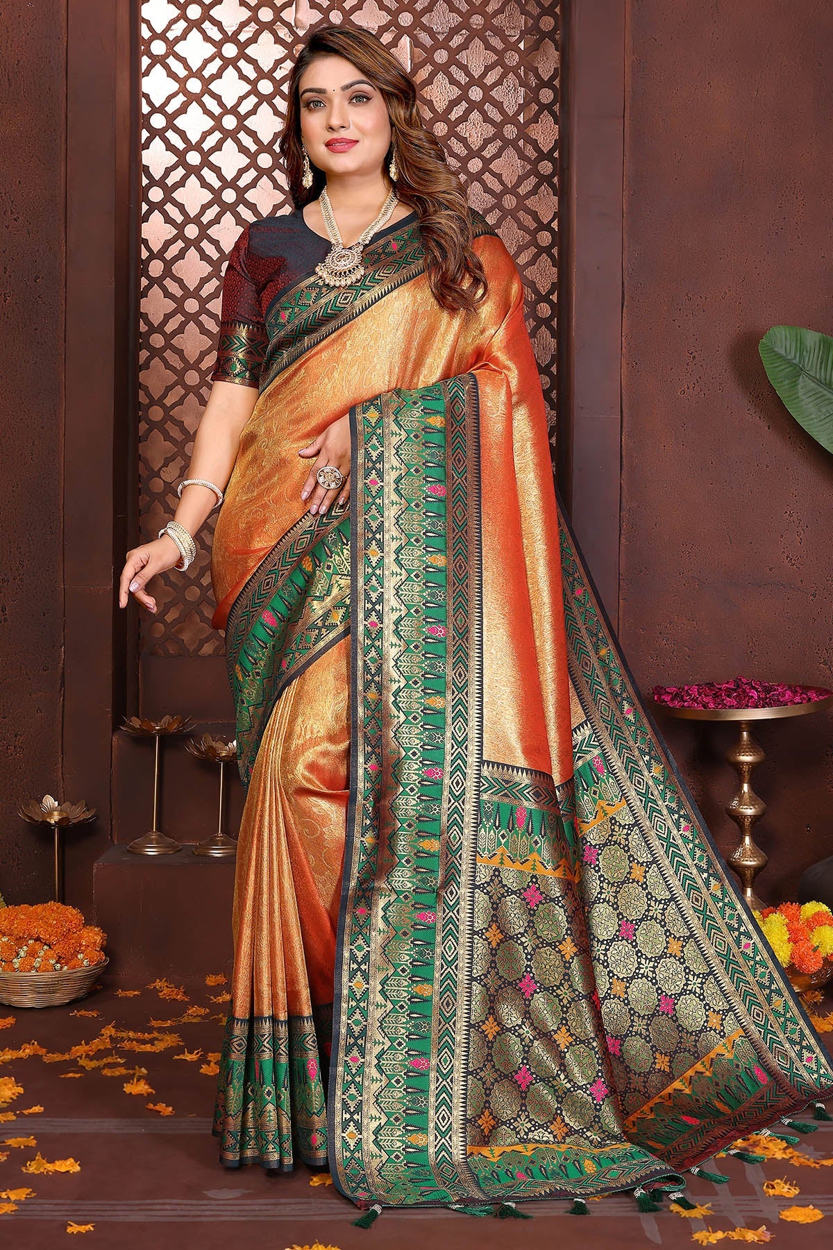Buy Orange Fancy Tissue Silk Saree for women by Aastha Fashion online available at scrollnshops
