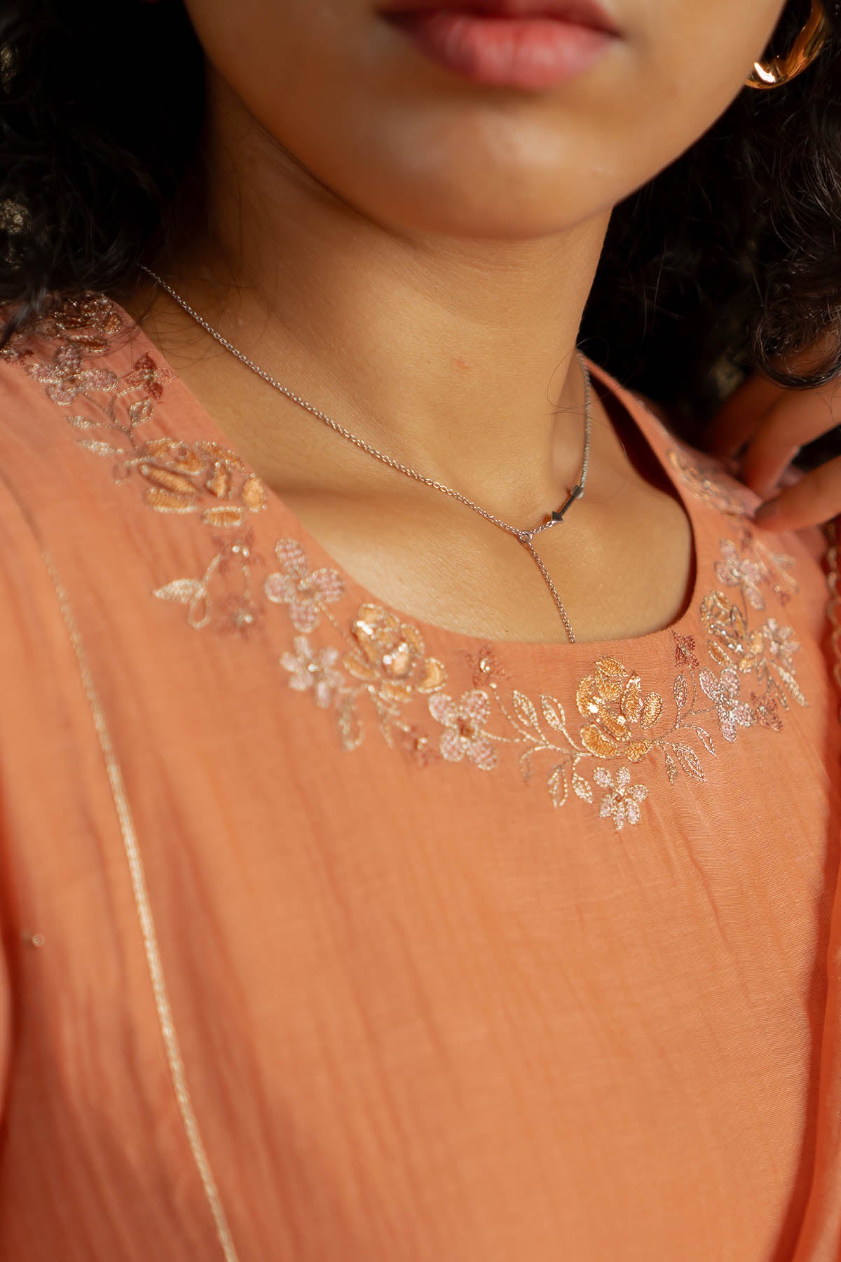 Orange Floral Detail Kurta Set
