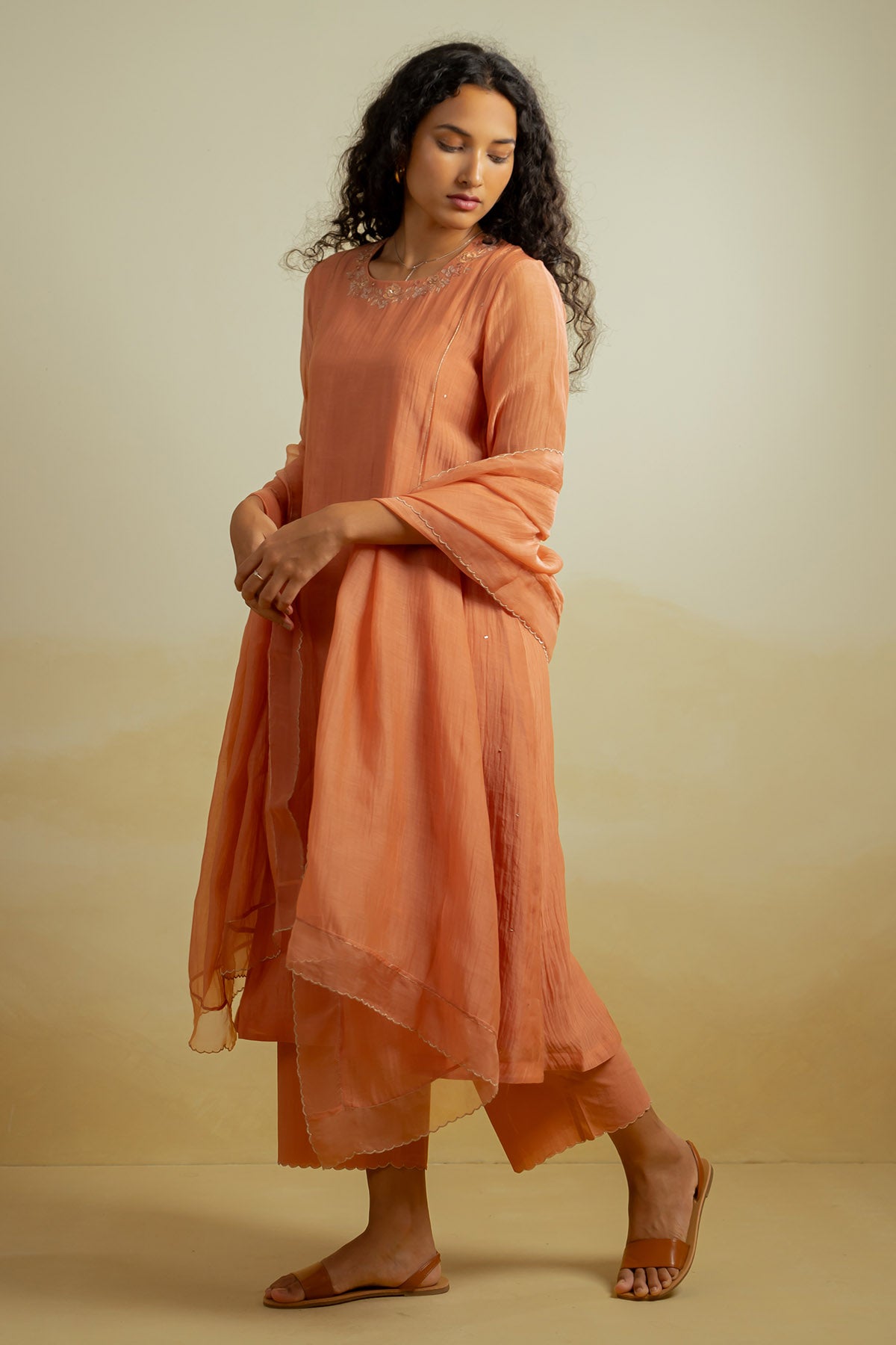 Orange Floral Detail Kurta Set