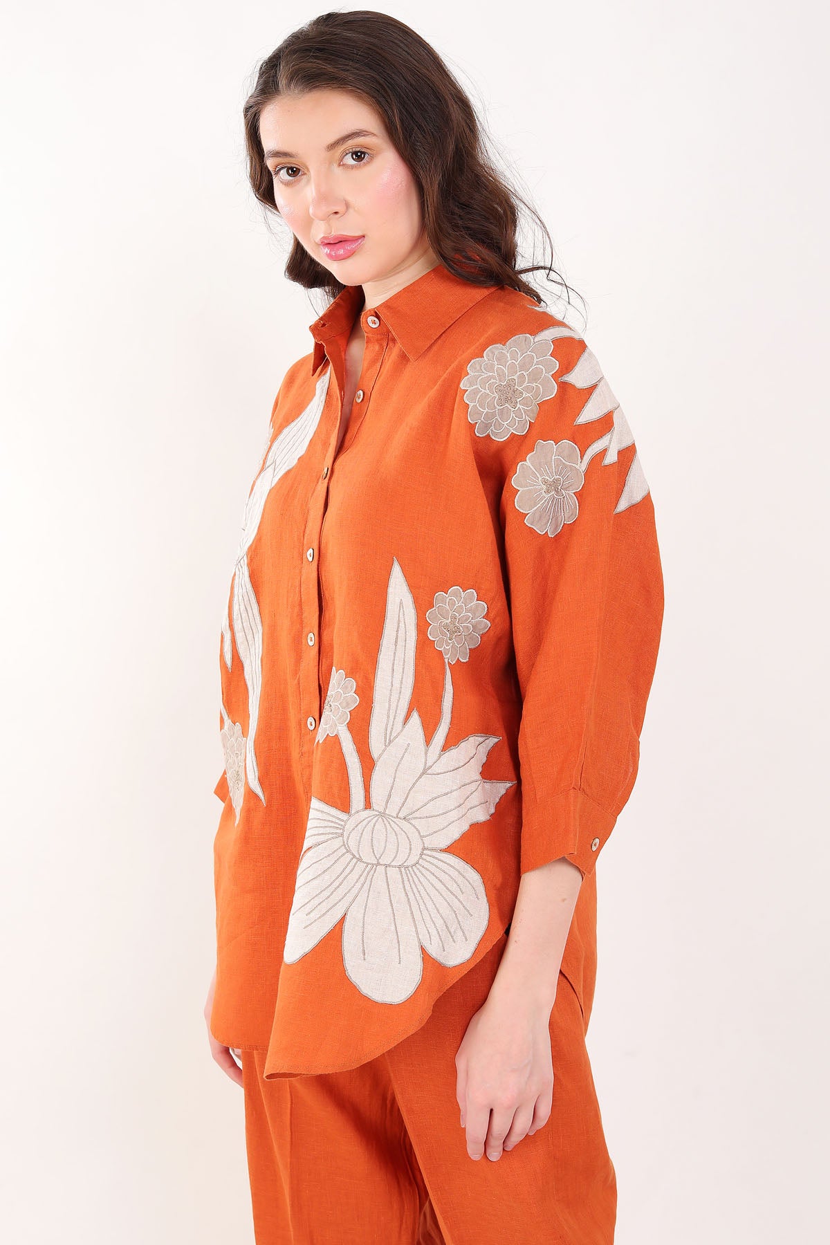 Orange Floral Embroidered Shirt
